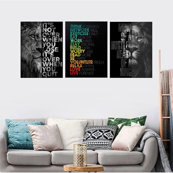Unbruvo Motivational Office Wall Art Inspirational Canvas Wall Art Lion Picture Print Entrepreneur Quote Wall Painting 3 Pieces Artwork for Living Room Bedroom Classroom Home Decor(72”Wx36”H)