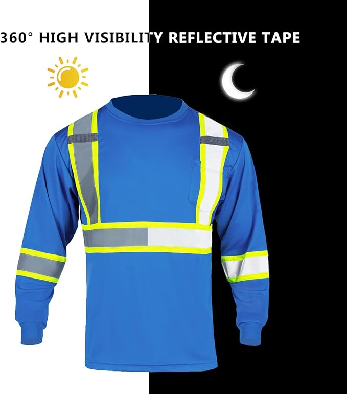 FONIRRA Hi Vis Shirts for Men Reflective ANSI Class 2 Safety Long Sleeve High Visibility Work Construction T Shirts Blue