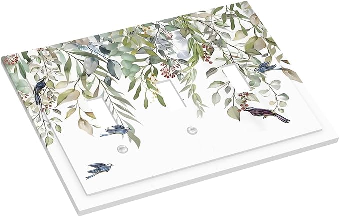 Green Leaf Eucalyptus Leaves Floral Bird Butterfly Decorative Switch Plates 3 Gang Wall Plate Triple Toggle Light Switch Cover Faceplate Electrical Wall Panels for Bed Room Living Room Decor