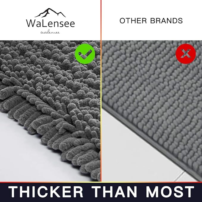 Walensee Bathroom Rug Non Slip Bath Mat (32x20 Inch Grey) Water Absorbent Super Soft Shaggy Chenille Machine Washable Dry Extra Thick Perfect Absorbant Best Large Plush Carpet for Shower Floor