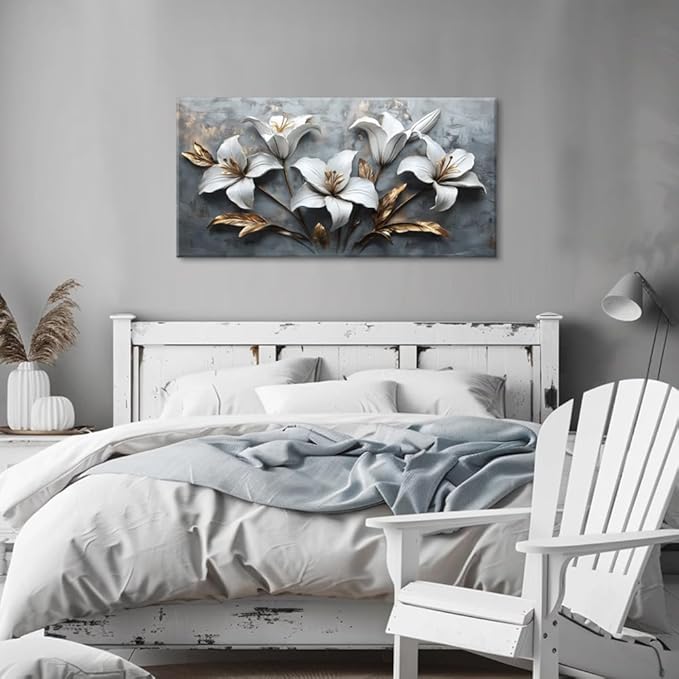 White Flowers Wall Art for Living Room Canvas Painting Prints Beautiful Floral Gold Leaves Gray Modern Artwork Office Bedroom Girls Decor Large