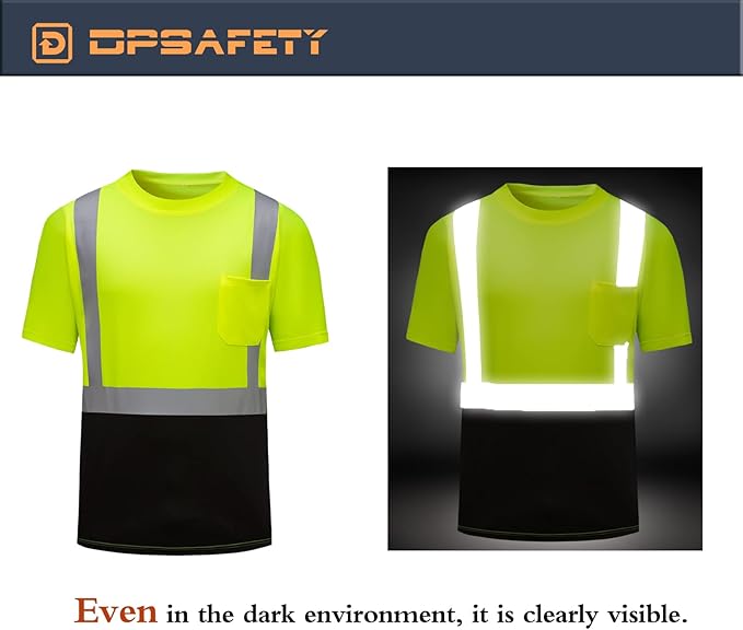 High Visibility Shirts Quick Dry Safety T Shirts with Reflective Strips and Pocket Short Sleeve Mesh Hi Vis Construction Work Class 2 Shirt for Men/Women Black Bottom Lime,4XL