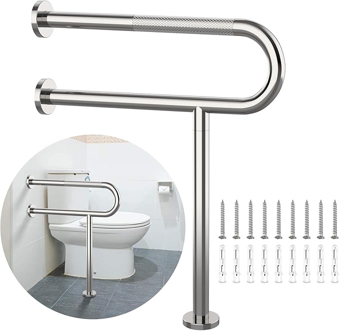 Toilet Support Rail 23.4X 28 Inch, Munzong Anti-Slip Chrome Handicap Grab Bar for Bathroom, Stainless Steel Knurled Safety handrails with Leg for Elderly Disabled Pregnant-1.25’Tube