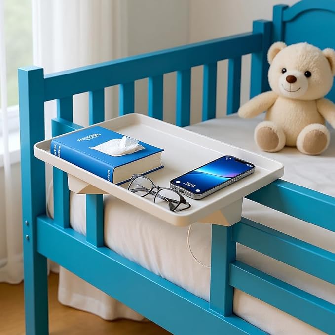 KUK Bedside Shelf for Dorm Room, Metal Bunk Bed Table Shelf with Cord Hole for Top Bunk, College Dorm Room Essentials, Clip on Nightstand Tray Organizer for Bunk Loft Dorm Bed (White)