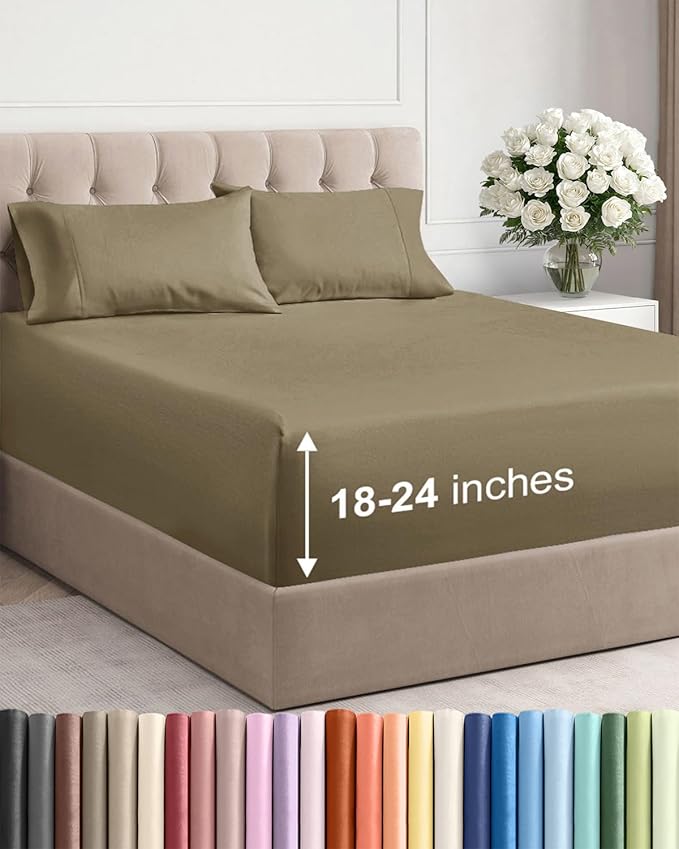 Extra Deep Twin Sheet Set - 4 Piece Breathable and Cooling Sheets - Hotel Luxury Bed Sheets Set - Easy & Secure Fit - Soft, Wrinkle Free and Comfy Sheets Set - Khaki Sheet Set with Extra Deep Pockets