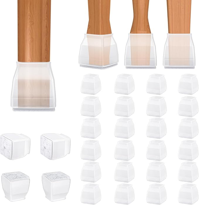 BALEINE 24 Pack Silicone Chair Leg Floor Protectors, Stool Leg Protectors Cap, Non-Slip Chair Leg Caps for Hardwood Floors (Clear & Small (Square), 24 Pack)