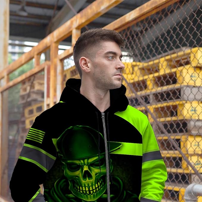 Maddly Hi Vis Reflective Zip Up Hoodie, High Visibility Safety Jacket with Skull Design for runner, worker, trucker, cyclist