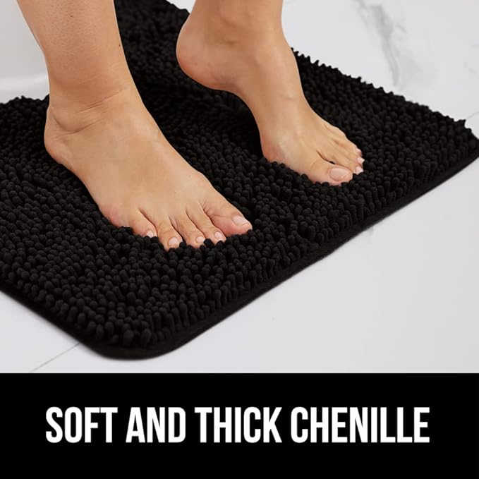 GORILLA GRIP Bath Rug Mat 48x24, Thick Soft Absorbent Chenille, Quick Dry Microfiber Mats, Rubber Backing Washable Shower Floor Rugs, Bathmat Runner, US Designed Bathroom Home Decor Accessories Black
