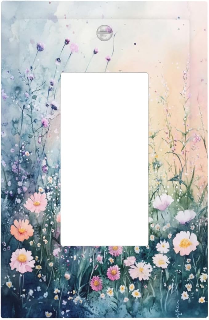 Decorative Outlet Covers Pink Floral Wildflower Green Plants 1 Gang Rocker Light Switch Cover Plate Single Gfci Light Switch Covers Wall Plate for Bathroom Decor
