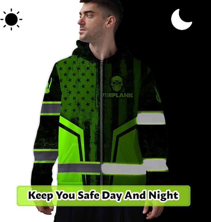 Maddly Hi Vis Reflective Zip Up Hoodie, High Visibility Safety Jacket with Skull Design for runner, worker, trucker, cyclist