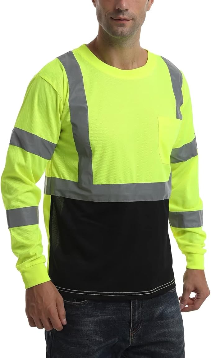 High Visibility Class 3 T Shirts，Hi Vis Safety Shirts with Reflective Strips and Pocket, Long Sleeve Quick Dry Mesh Construction Work Shirt for Men/Women Black Bottom Lime,2XL