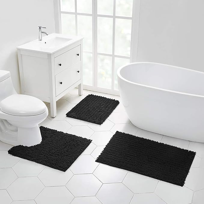 Walensee Large Bathroom Rug Non Slip Bath Mat (24x60 Inch Black) Water Absorbent Super Soft Shaggy Chenille Machine Washable Dry Extra Thick Perfect Absorbant Best Plush Carpet for Shower Floor