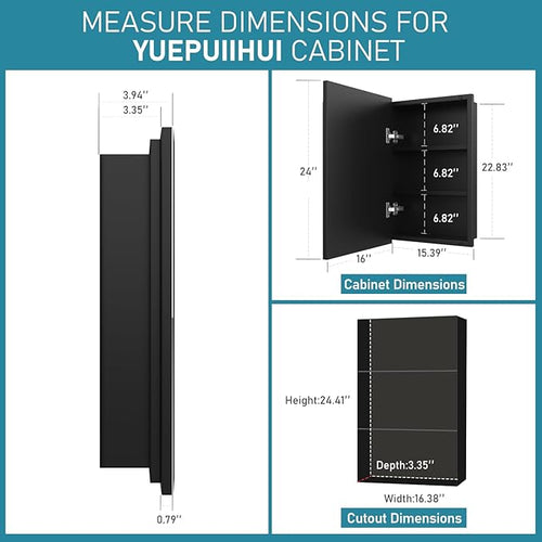 16 x 24 Inch Recessed Medicine Cabinet with Beveled Mirror, Bathroom Metal Mirror Medicine Cabinet with Adjustable Shelves, Wall Mounted Black Medicine Cabinets for Bathroom Storage Modern House