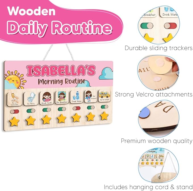 Personalized Wooden Chore Chart for Kids, Daily Routine Chart for Toddlers, Visual Schedule for Kids Age 3-5, Morning Bedtime Routine for Girls (01)