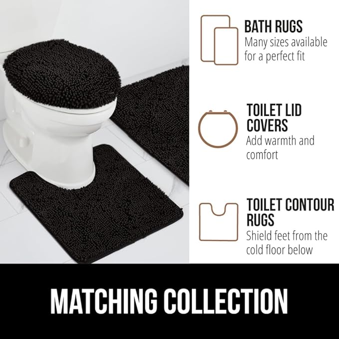 GORILLA GRIP Plush Absorbent Shaggy Chenille Bath Rug Mat for Oval Toilet Base with Rubber Backing, Machine Washable Rugs, Soft Microfiber Contour Mats for Toilets, Bathroom Decor, Black