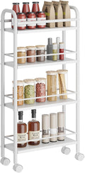 Slim Storage Cart, 4 Tier Rolling Utility Cart on Wheels, Narrow Shelving Unit Cart for Small Spaces in Kitchen, Dining Room, Bathroom, Laundry Room, White