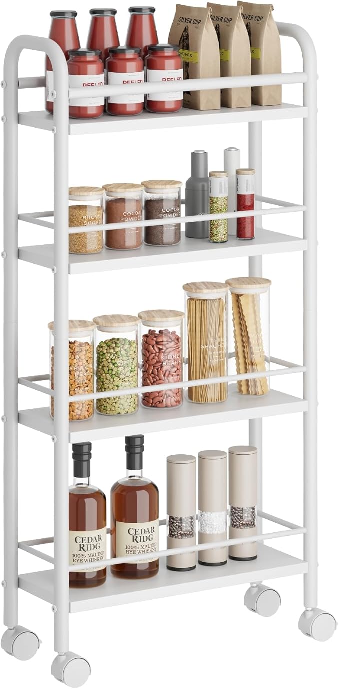 Slim Storage Cart, 4 Tier Rolling Utility Cart on Wheels, Narrow Shelving Unit Cart for Small Spaces in Kitchen, Dining Room, Bathroom, Laundry Room, White