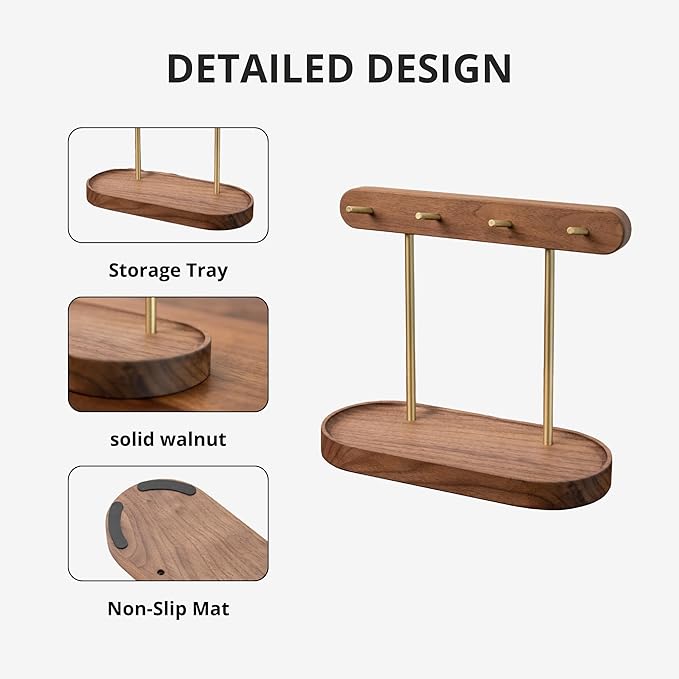 muso wood Walnut Key Stand for Entryway Table, Wooden Key Holder with 4 Hooks, Perfect for Key Trays, Valuables Trays, Jewelry Trays