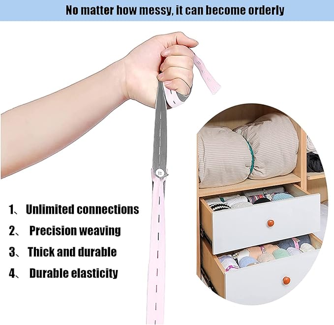 Bed Sheet Organizer Bands 20Pcs Elastic Band with Buttonholes, Stretchable Connectable, Roll-up Adjustable Clothing Storage Strap with Button, Luggage Space Saver, Drawer & Closet Organizer, Blue