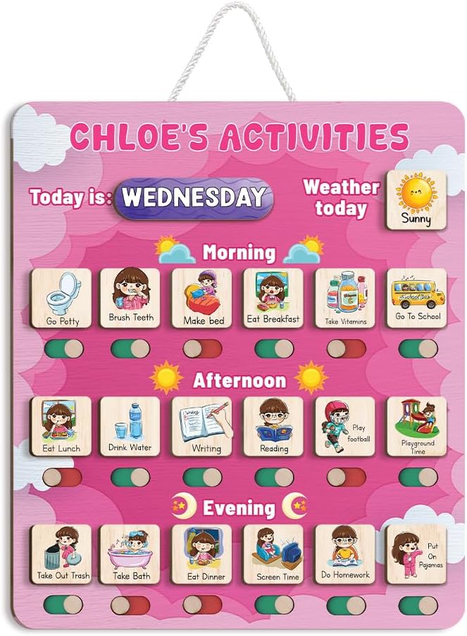Personalized Wooden Daily Routine Chart 12x14", Visual Schedule, Daily Responsibilities for Kids, Morning Bedtime Routine Chart for Toddlers (10)