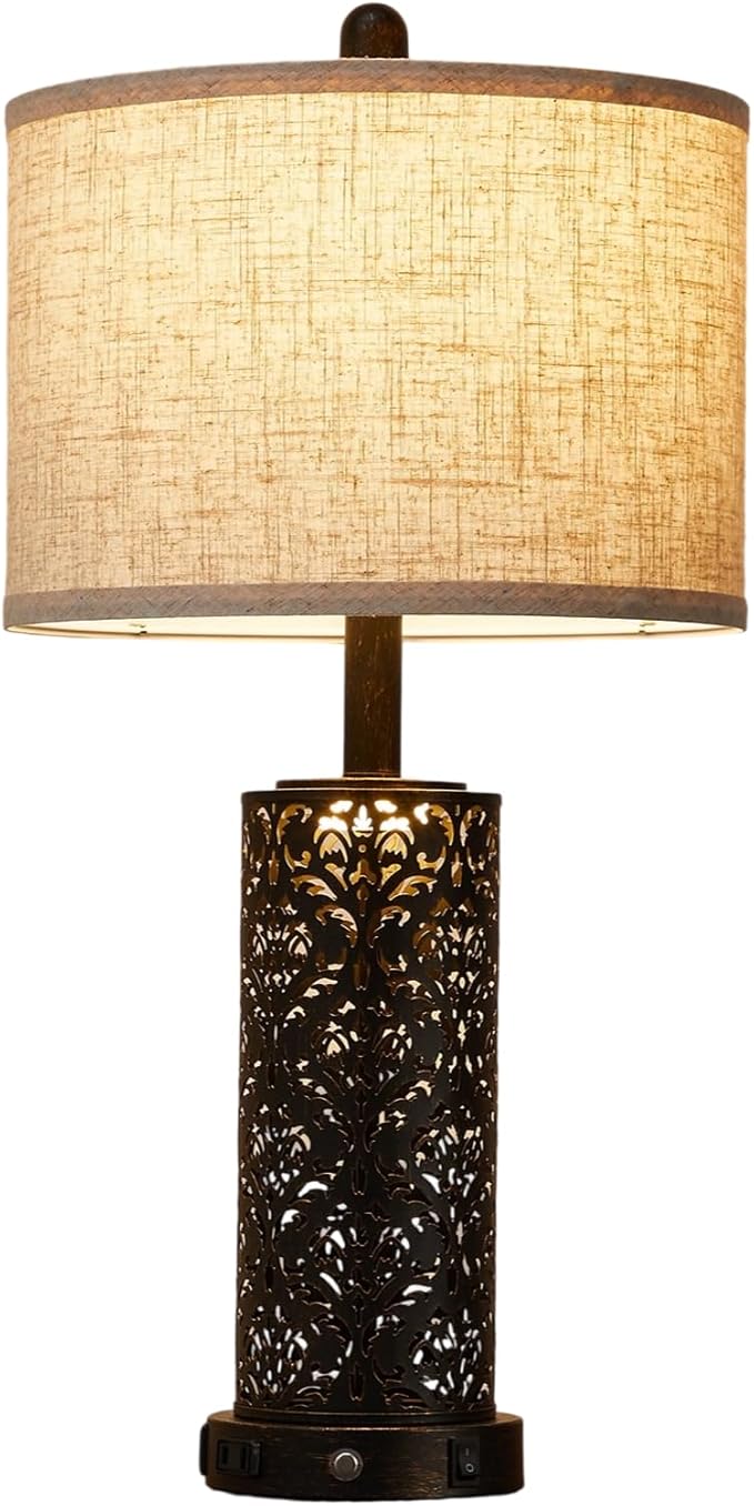26" Farmhouse Table Lamp Dual Light 3-Way Dimmable Touch Control, 2 USB Ports + AC Outlet Rustic Bedside Lamp for Living Room Bedroom and Nightstand with Nightlight (Black-1 Pack)
