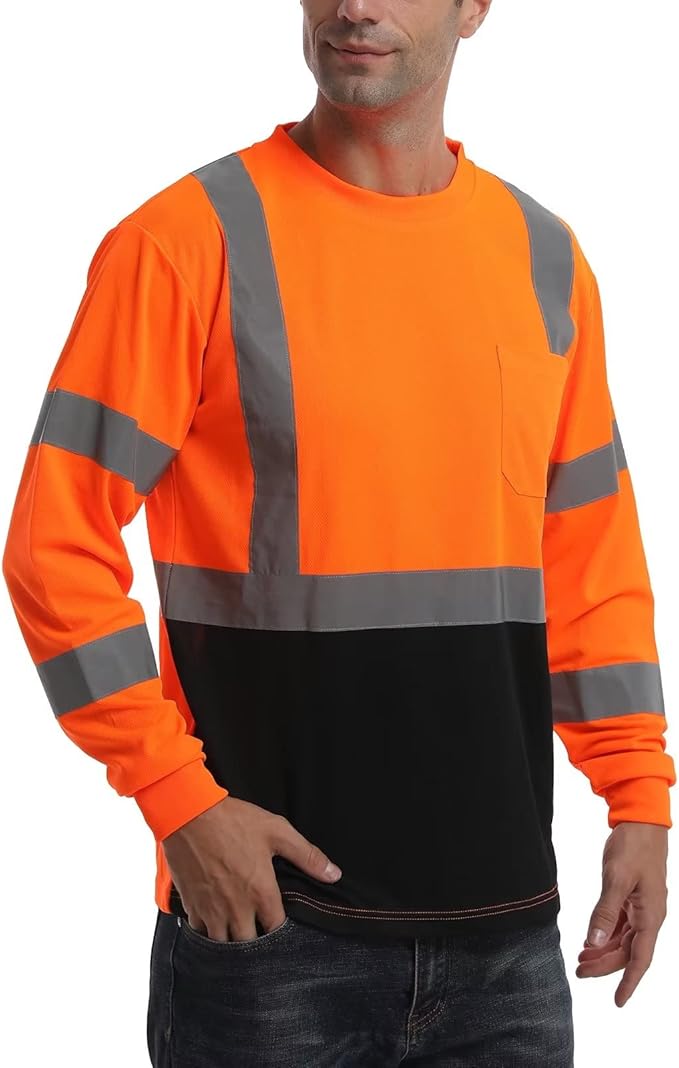 High Visibility Class 3 T Shirts，Hi Vis Safety Shirts with Reflective Strips and Pocket, Long Sleeve Quick Dry Mesh Construction Work Shirt for Men/Women Black Bottom Orange,4XL