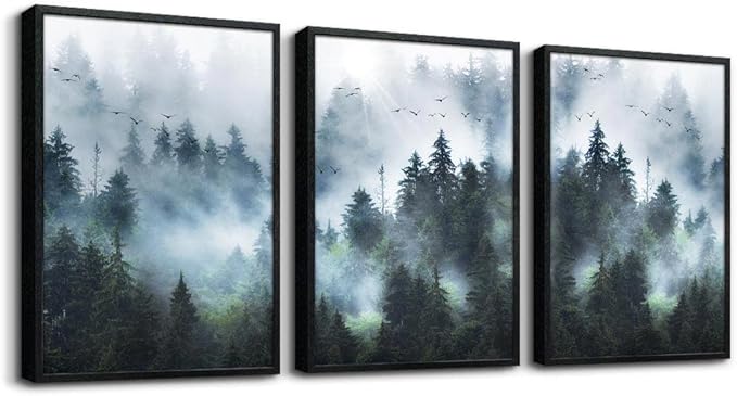 DZRWUBHS Framed Canvas Wall Art - 3 Piece Set, Foggy Forest Trees Landscape Painting, Black, Modern Wall Decor for Living Room, Bedroom, Kitchen etc.