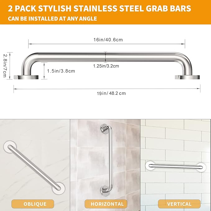 16 Inch Shower Grab Bar 2 Pack Polished Chrome SUS 304 Safety Grab Bars with Concealed Screws, 500lbs Support Assist Bath Handle Balance Bar for Handicap Elderly Pregnant Women for Christmas Gifts