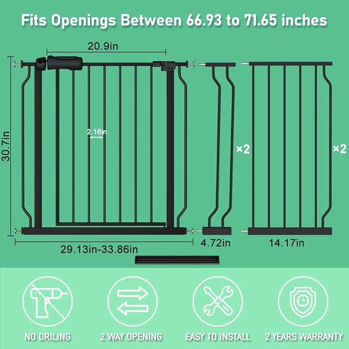 ALLAIBB Extra Wide Pressure Mounted Baby Gate Walk Through Child Kids Safety Toddler Tension White Long Large Pet Dog Gates with Extension for doorways Kitchen (66.93-71.65"/170-182cm, Black)