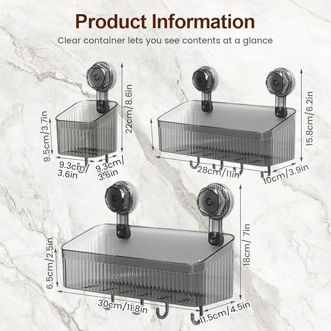 No-Drill Bathroom Suction Storage Box, Corrugated Suction Cup Wall Organizer, Removable Hanging Storage Basket with Strong Hold, Acrylic Shower Caddy for Bathroom (Clear M)