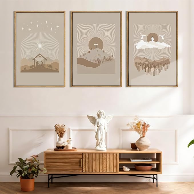 IARTTOP Extra Large Jesus Framed Wall Art 24x36 Inch Set of 3 Brown Nativity Christian Canvas Wall Decor Grey Bible Verse Artwork for Church Living room Bedroom