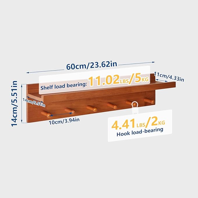 Wall Mounted Hook with Shelf, 23.62in Entryway Wall Hanging Shelf, Solid Wood Coat Hooks, for Bathroom, Kitchen, Cherry Wood Color YD-WS0260C