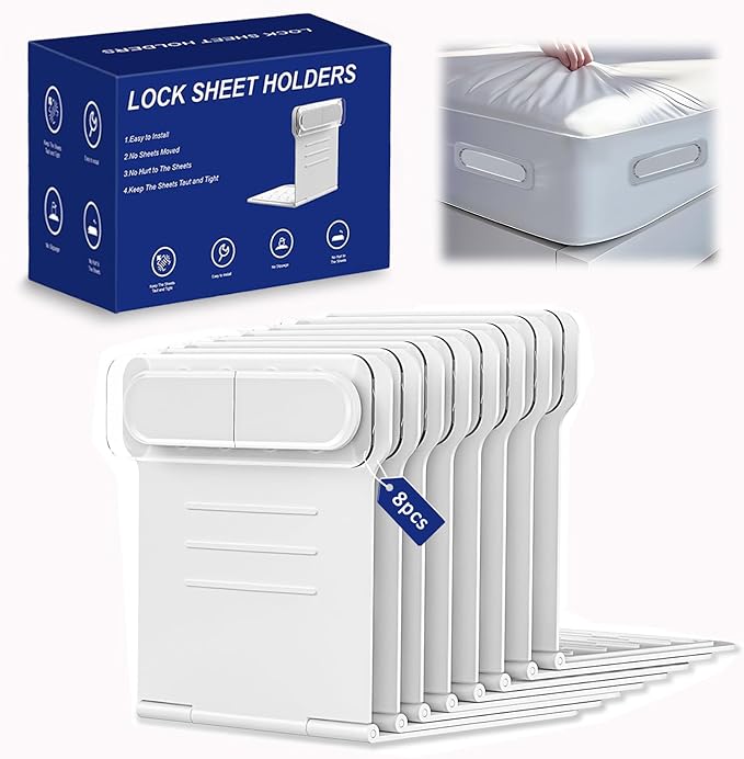 Bed Sheet Holder, Lock Sheet Holders Fitted Sheet Holder Sheet Fasteners Bed Lock Sheet Holders Easy to Install Not Restricted to Bed Corners, Keep Sheets Tight No More Loose and Wrinkled Sheets