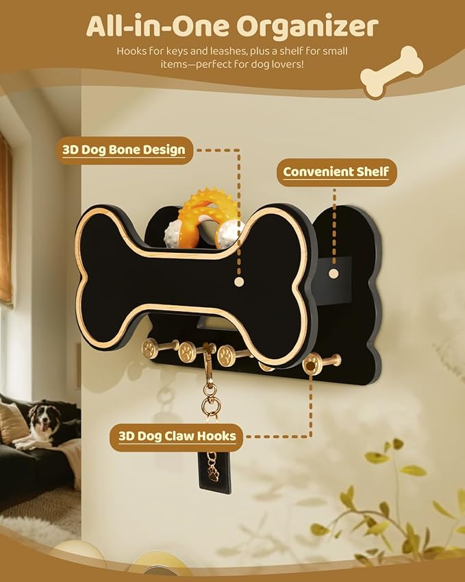 MTERSN Decorative Dog Leash Holder for Wall - Dog Stuff Organizer and Doggie Bone Key Holder Wall Mount with 5 Cute 3D Puppy Paw Hooks & Storage Shelf - Apartment Essentials (Black)