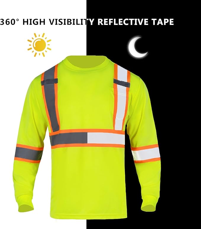 FONIRRA Hi Vis Shirts for Men Reflective ANSI Class 2 Safety Long Sleeve High Visibility Work Construction T Shirts Yellow