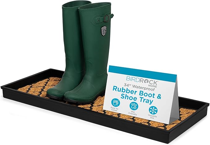 BIRDROCK HOME Rubber Boot & Shoe Tray | Coir Insert | 34" x 14" | Waterproof Shoe Tray for entryway | Trellis Pattern