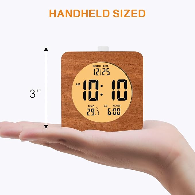 Plumeet Wooden Digital Alarm Clock for Bedrooms, Wood 4'' Battery Powered Alarm Clock with Snooze and Nightlight, Electronic LCD Desk Clock Display Time, Date, Temp, 12/24H, Wood Décor, Square, Sapele