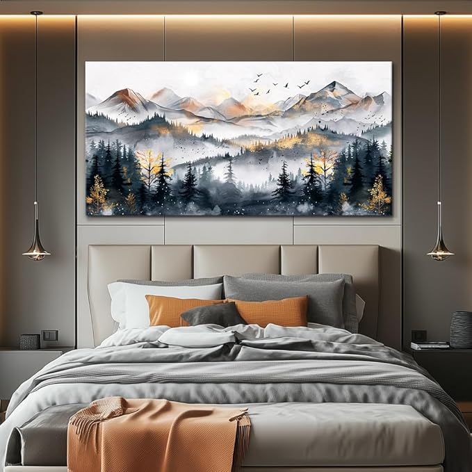 KELIYUAN Abstract Wall Decor Large Wall Art For Living Room Office Decoration Ink Mountain Landscapes Wall Painting Misty Forest Pictures Bedroom Canvas Artwork Ready To Hang Home Decor 24"x48"