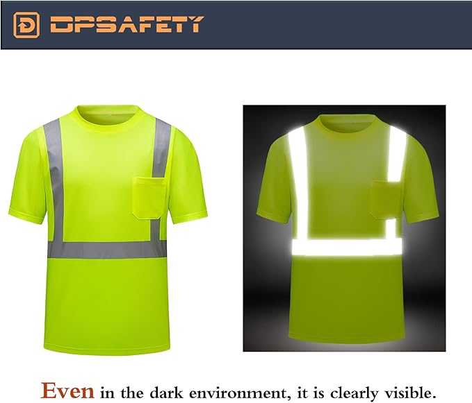 High Visibility Shirts Quick Dry Safety T Shirts with Reflective Strips and Pocket Short Sleeve Mesh Hi Vis Construction Work Class 2 Shirt for Men/Women Lime,Large