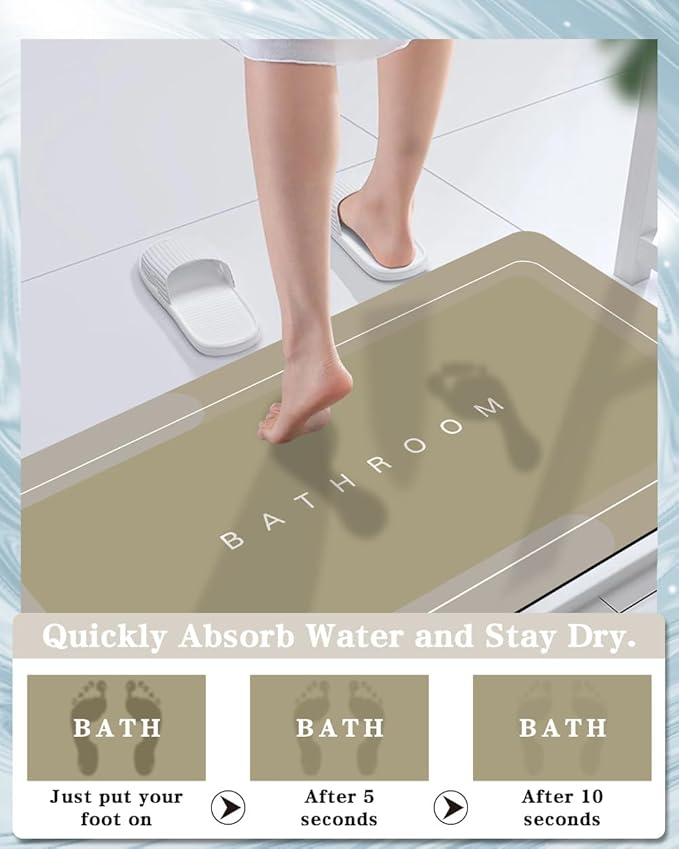 Bath Mat, Bathroom Mat Rugs Super Absorbent Shower Mats Non Slip Quick Dry Thin Rubber Mats for Bathroom Floor Fit Under Door, Shower Rug for Bathtub, Shower, Beige