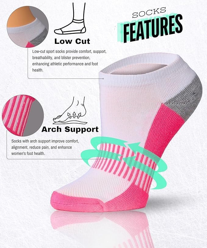 Tipi Toe Women’s 6-Pack Athletic Cushioned Running Ankle Socks – Soft, Breathable Fabric with Arch Support for Comfort