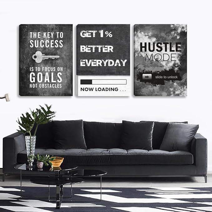 Large Black Inspirational Wall Art Motivational Wall Art 3 Pieces Canvas Wall Art Office Decor Hustle Quotes Poster Painting Print Artwork Framed for Bedroom Living Room Gym(72''Wx 36''H)