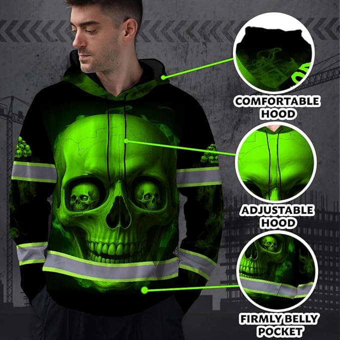Matedecor Skull US Flag Reflective High Visibility Hoodie For Men Construction Hi Vis Safety Workwear Custom Name
