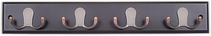 BIRDROCK HOME Dual Hook Coat Rack | 4 Dual Hooks | Wall Mounted Hat Key Rack Rail | Oil Rubbed Bronze Hooks | Dark Brown Pine Bathroom Rail