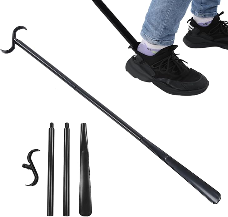 Detachable Long Dressing Stick with Shoe Horn, Dressing Aid for Elderly and Disabled, Portable Socks Shoes Dressing Assist Tool, 4 Section Extendable Dressing Stick for Limited