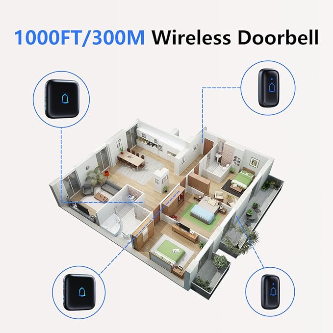 Wireless Doorbell Loud Classroom Doorbell IP66 Waterproof Doorbell 1000Ft 66 Chimes Mute Mode 115dB 7-Level Vol Electric Door Bell Ringer for Home Office Kids Room Teachers & Hearing-Impaired