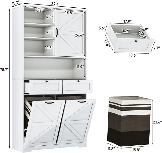 78" Tall Tilt-Out Double Doors Laundry Cabinet Hamper w Hidden Laundry Hamper,Large Pull Out Laundry Room Storage Cabinets,Kitchen Double Tilt Out Trash Cabinet,13X2 Gallon Bathroom Organizers(White)