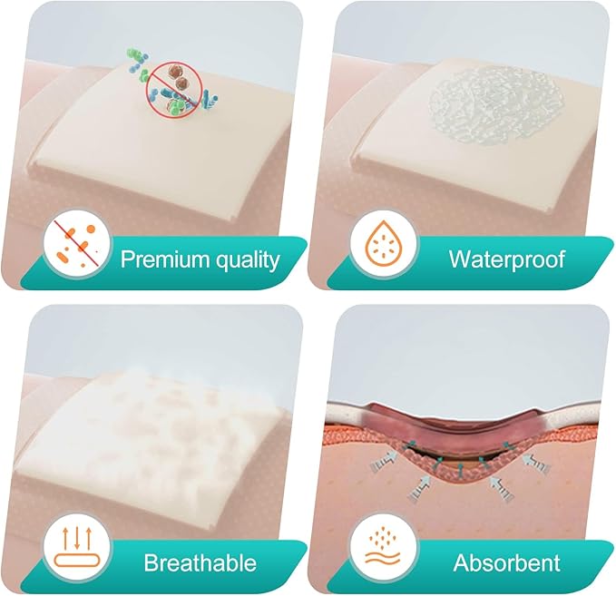 Dimora Silicone Foam Dressing with Border Adhesive 3"x3" Waterproof Wound Dressing First Aid Bandage for Wound Care 10 Pack