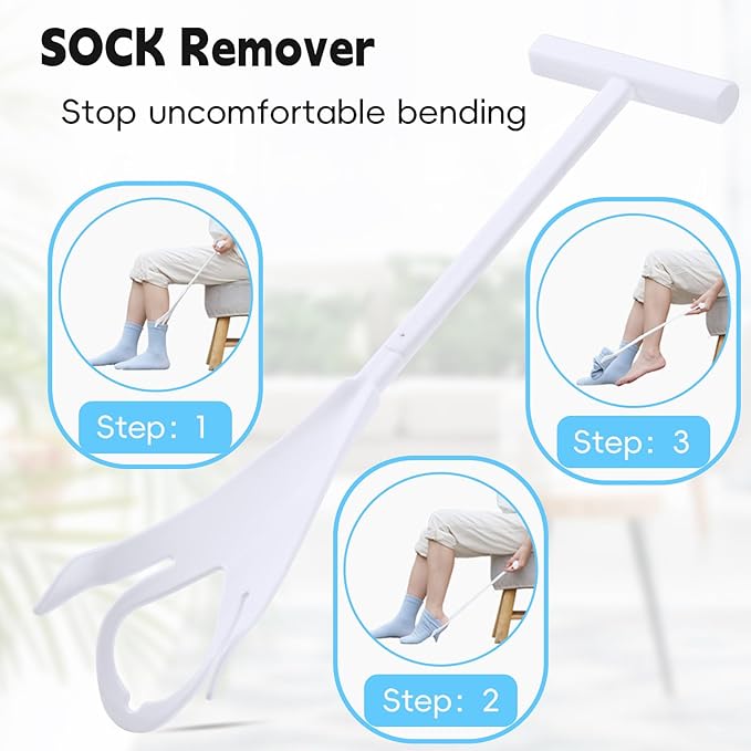 3 in 1 Sock Aid Device Kit, Hip Kit, Knee Back Surgery Hip Replacement Recovery Kit with Sock Aide, Sock Remover, Shoe Horn with Dressing Stick, Sock Helper and Shoe Assistant for Seniors No Bending
