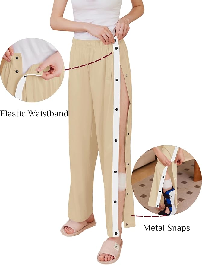 Deyeek Women's Tear Away Pants Side Split Snap Open Bottom Sweatpants Leg Breakaway Post Surgery Pants with Pockets